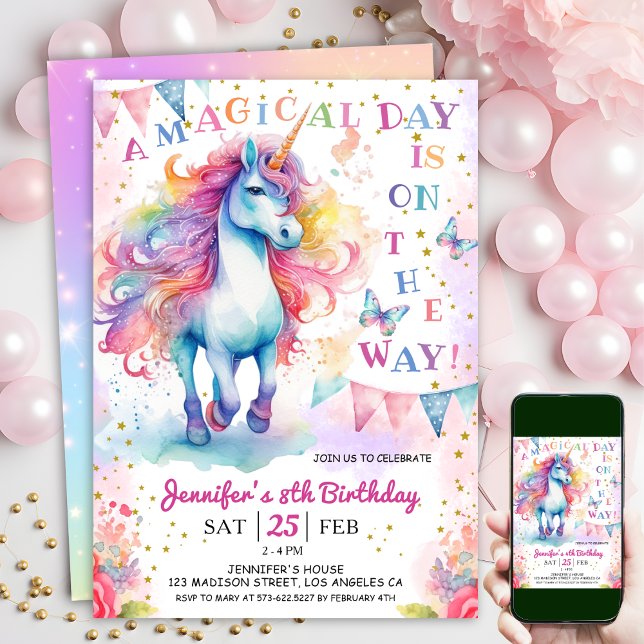 Invitación Unicornio 8.º cumpleaños: arcoiris y estrellas flo (#UnicornBirthdayInvitation #UnicornBirthdayInvitationTemplate #UnicornBirthdayInvitationEditable 
)