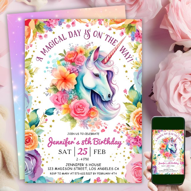 Invitación Unicornio 8.º cumpleaños con arcoiris y estrellas (#UnicornBirthdayInvitation #UnicornBirthdayInvitationTemplate #UnicornBirthdayInvitationEditable 
)