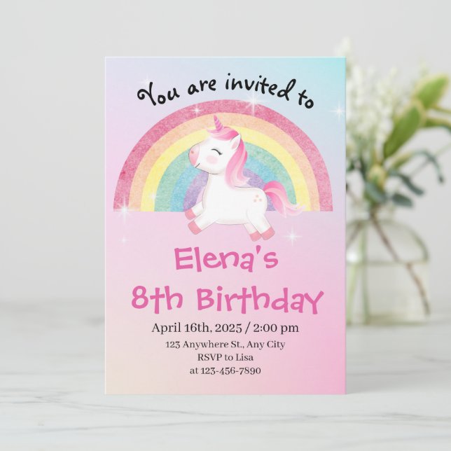Invitación Unicornio 8 cumpleaños (Anverso de pie)