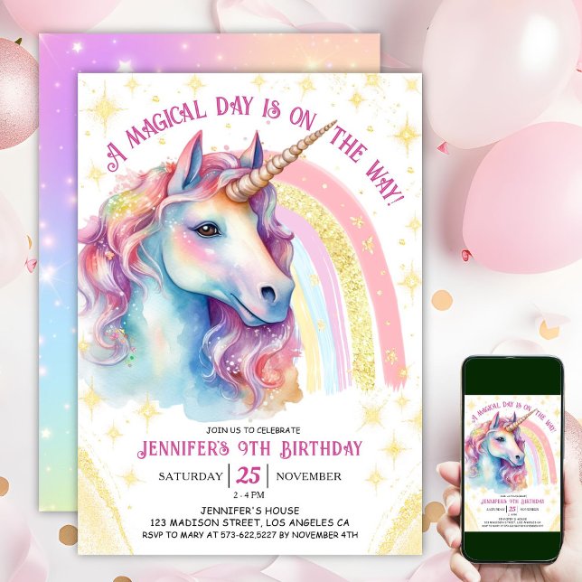 Invitación Unicornio 9º cumpleaños Oro Pink Arcoiris mágico (#UnicornBirthdayInvitation #UnicornBirthdayInvitationTemplate #UnicornBirthdayInvitationEditable 
)