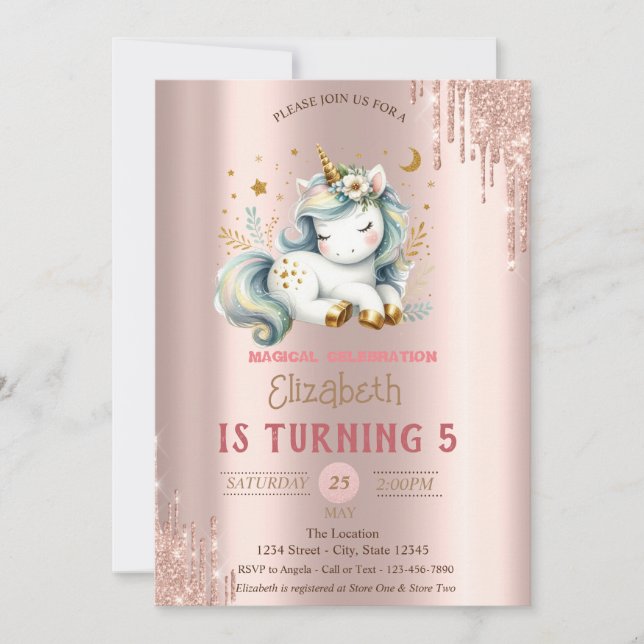 Invitación Unicornio Adorable, Rosa de Oro Drin Cumpleaños (Anverso)
