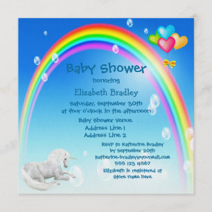 Invitación Unicornio, arco iris y burbujas Baby Shower