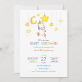 Invitación Unicornio arcoiris colgando de Baby Shower de estr