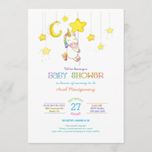 Invitación Unicornio arcoiris colgando de Baby Shower de estr
