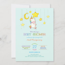 Invitación Unicornio arcoiris colgando de Baby Shower de estr