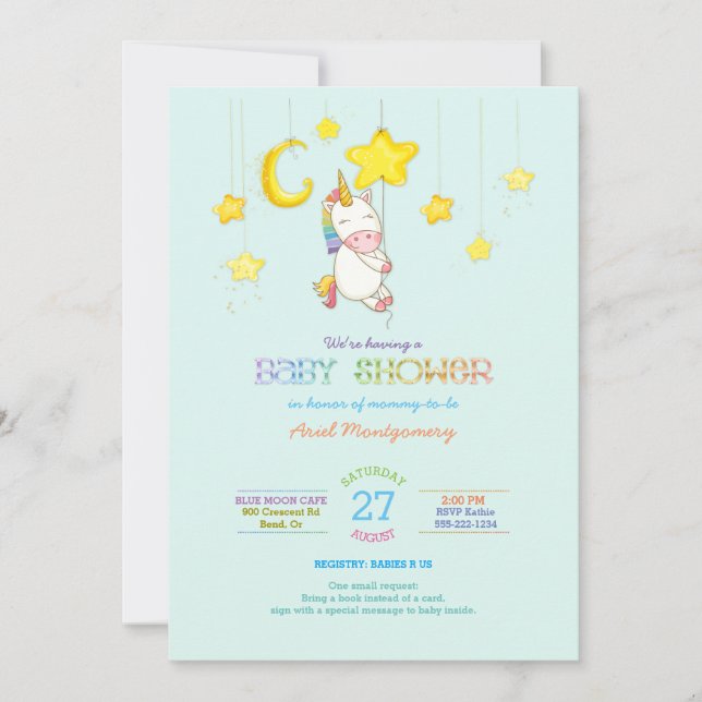 Invitación Unicornio arcoiris colgando de Baby Shower de estr (Anverso)