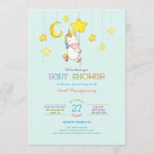 Invitación Unicornio arcoiris colgando de Baby Shower de estr