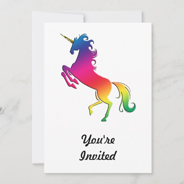 Invitación Unicornio arcoiris con cuerno de oro (Anverso)
