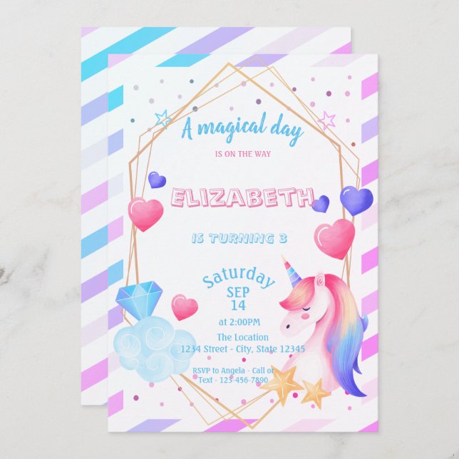 Invitación Unicornio arcoiris, corazón, cumpleaños a rayas (Anverso / Reverso)