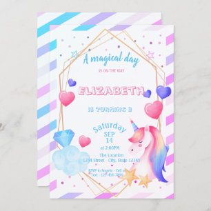 Invitación Unicornio arcoiris, corazón, cumpleaños a rayas