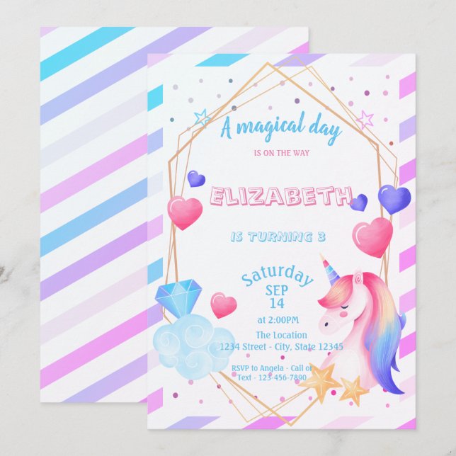Invitación Unicornio Arcoíris, Corazones, Cumpleaños de rayas (Anverso / Reverso)