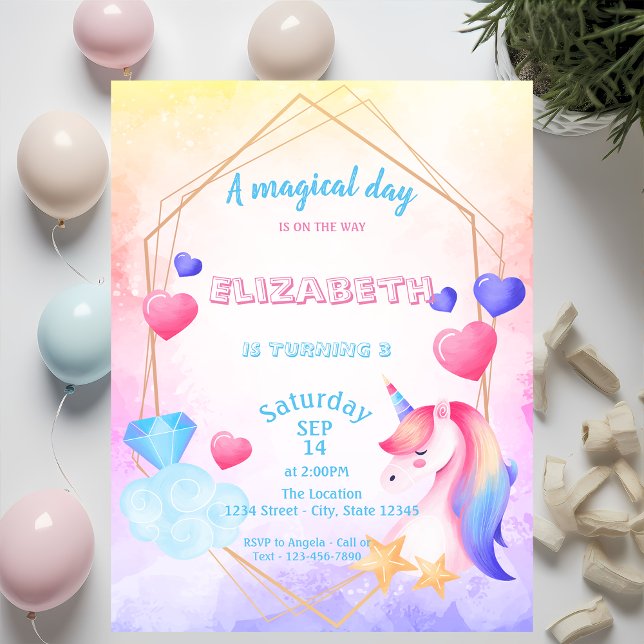 Invitación Unicornio Arcoíris, Cumpleaños Acuarela (Subido por el creador)