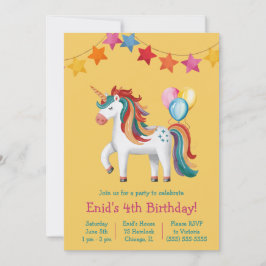 Invitación Unicornio arcoiris, globos y fiesta de cumpleaños