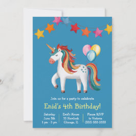 Invitación Unicornio arcoiris, globos y fiesta de cumpleaños
