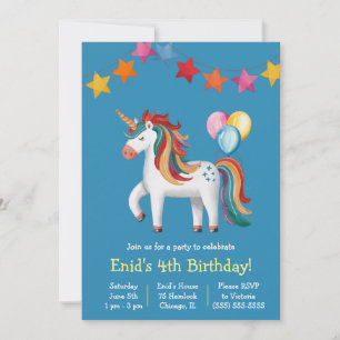 Invitación Unicornio arcoiris, globos y fiesta de cumpleaños