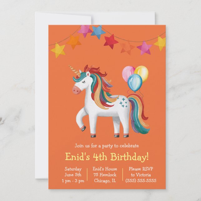 Invitación Unicornio arcoiris, globos y fiesta de cumpleaños (Anverso)