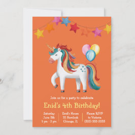 Invitación Unicornio arcoiris, globos y fiesta de cumpleaños