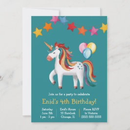 Invitación Unicornio arcoiris, globos y fiesta de cumpleaños