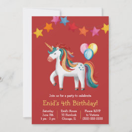 Invitación Unicornio arcoiris, globos y fiesta de cumpleaños