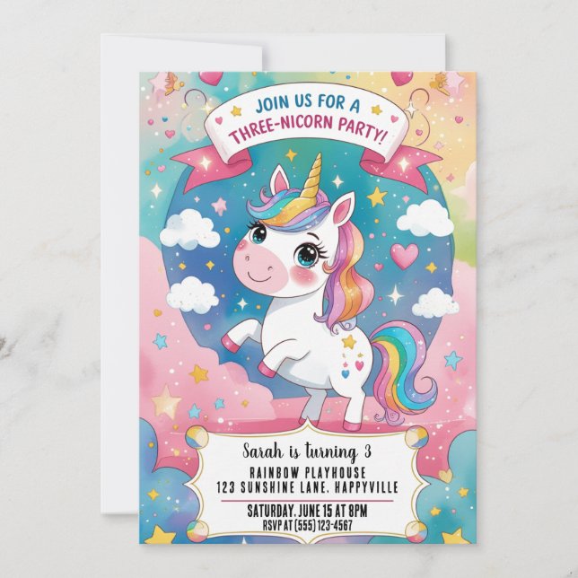 Invitación Unicornio arcoiris mágico en tercer cumpleaños Uni (Anverso)