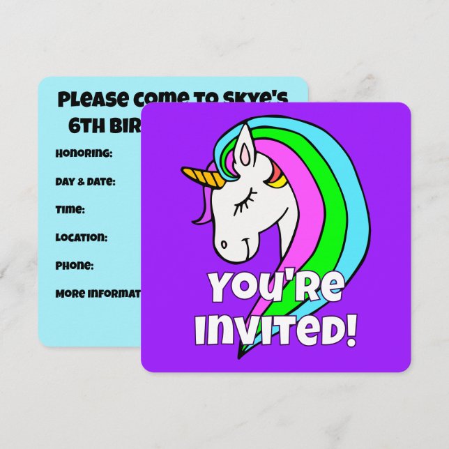 Invitación Unicornio arcoiris personalizado (Anverso / Reverso)