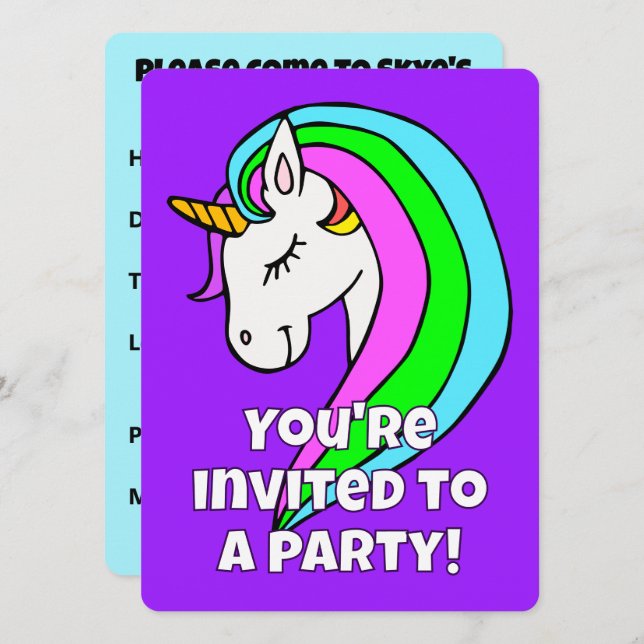 Invitación Unicornio arcoiris personalizado (Anverso / Reverso)