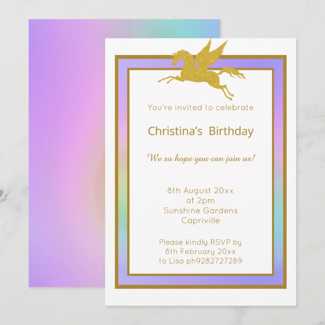INVITACIÓN UNICORNIO ARCOÍRIS PRECIOSO PARA TODA OCASIÓN (Anverso / Reverso)