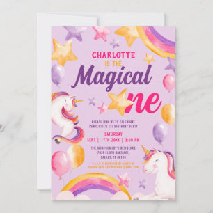 Invitación Unicornio Arcoiris Púrpura Magico Primer Cumpleaño