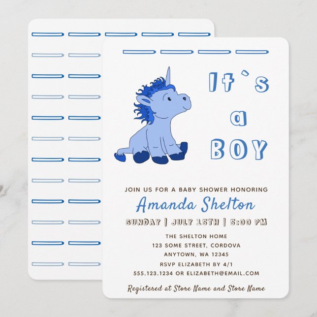 Invitación Unicornio Azul Baby Shower (Anverso / Reverso)