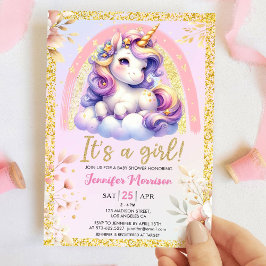 Invitación Unicornio Baby Shower It's a Chica Pink & Gold