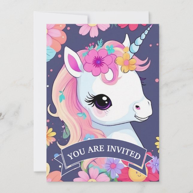 Invitación Unicornio blanco adorable con flores (Anverso)