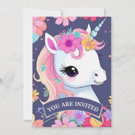 Invitación Unicornio blanco adorable con flores