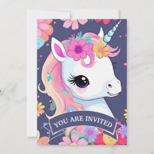 Invitación Unicornio blanco adorable con flores