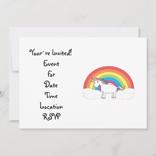 Invitación unicornio blanco sobre arcoiris y nubes (Anverso)