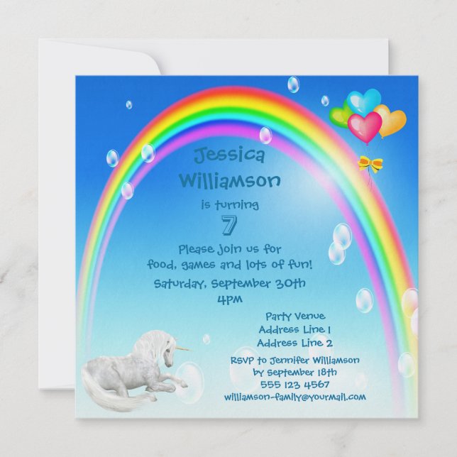 Invitación Unicornio, burbujas arcoiris y fiesta de cumpleaño (Anverso)