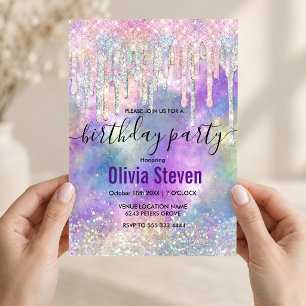 Invitación Unicornio chic colorido que gotea brillo