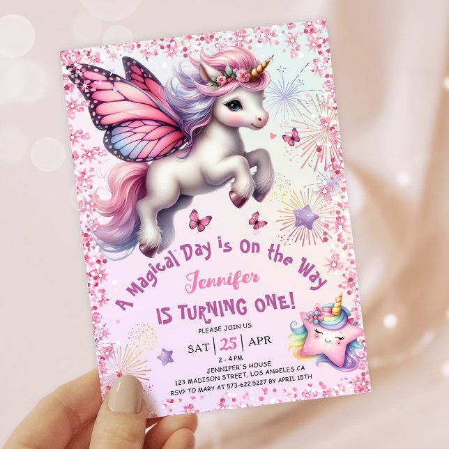 Invitación Unicornio Chica de cumpleaños Purpurina Púrpura Ro (#UnicornBirthdayInvitation #UnicornBirthdayInvitationTemplate #UnicornBirthdayInvitationEditable)