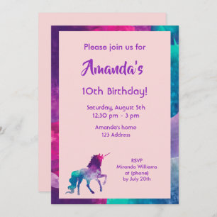 Invitación Unicornio chica fantasía rosa morado 10 años