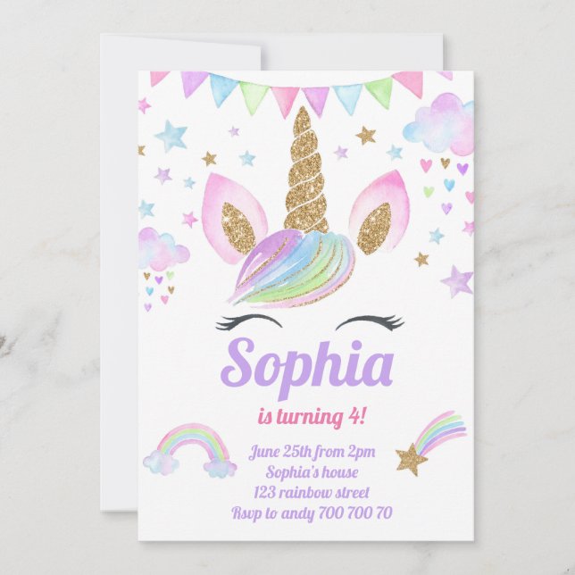 Invitación Unicornio Chica Pastel mágico arcoiris Pink Cumple (Anverso)