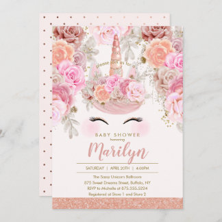 Invitación Unicornio color de rosa floral Baby Shower del