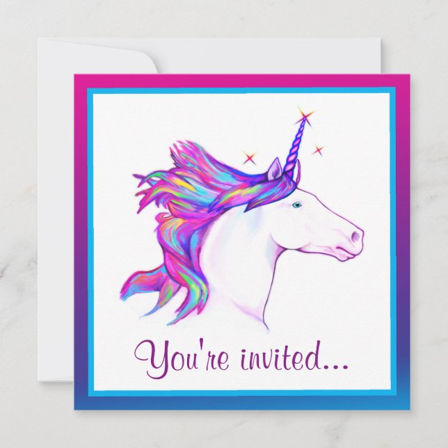 Invitación Unicornio con Rainbow Mane feliz cumpleaños (Anverso)