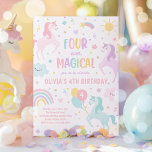 Invitación Unicornio Cuatro Años Mágicos en la Cuarta Fiesta<br><div class="desc">Unicorn Cuatro veces mágicos 4ª invitación a fiesta de cumpleaños Fiesta Todos los diseños son © PIXEL PERFECTION FIESTA LTD</div>