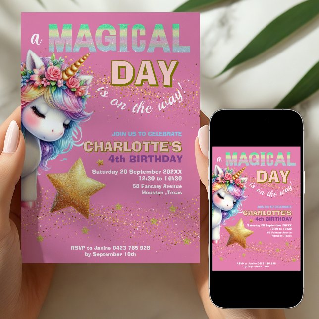 Invitación Unicornio de arcoíris con purpurina cumpleaños 4  (Subido por el creador)