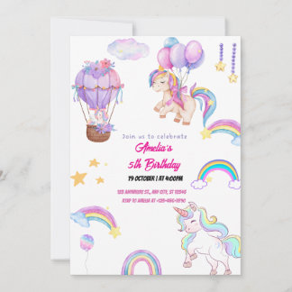 Invitación Unicornio de Arcoíris Lindo Fiesta de Niña Caprich