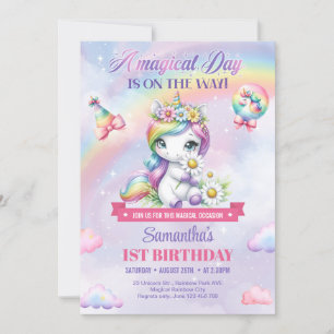 Invitación Unicornio De Arcoiris Y Esparkles Primer Cumpleaño