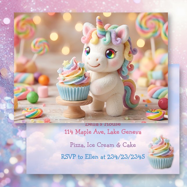 Invitación Unicornio de Caramelo Pastel con Cupcake de Arcoír (Subido por el creador)