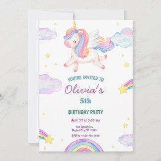 Invitación Unicornio de cuento de hadas mágico Arcoíris Nubes