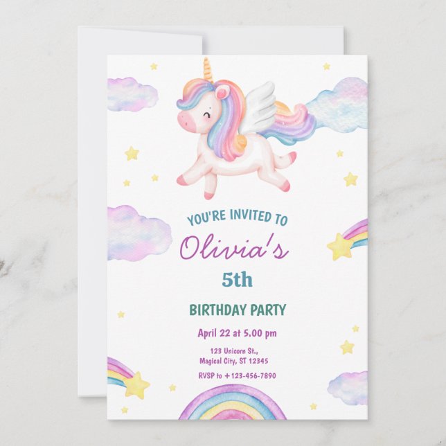 Invitación Unicornio de cuento de hadas mágico Arcoíris Nubes (Anverso)