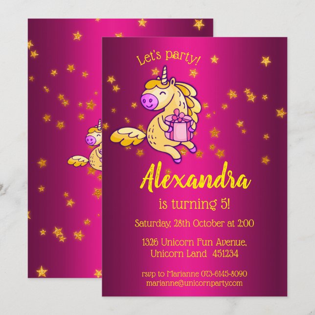 Invitación Unicornio de cumpleaños amarillo lindo (Anverso / Reverso)