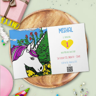 Invitación Unicornio de cumpleaños blanco púrpura suntuoso